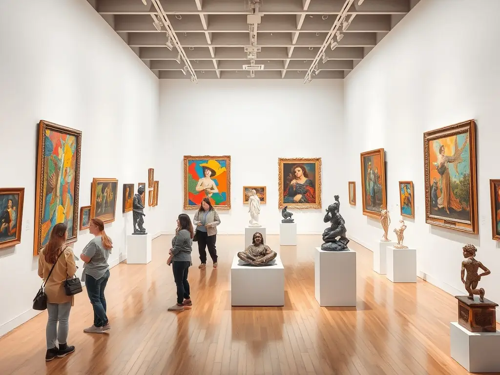 An image showing an art exhibition organized by ATOUTAZART, featuring diverse artworks displayed in a gallery setting, with visitors admiring and discussing the pieces.