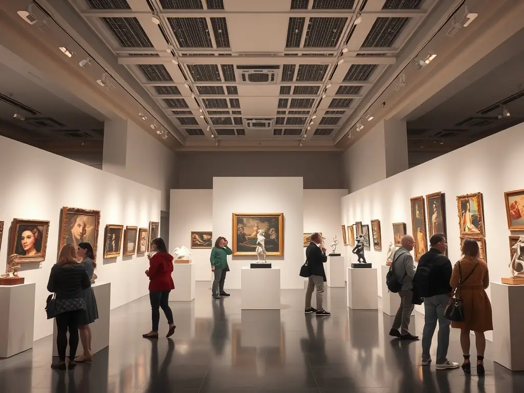 A vibrant art exhibition featuring paintings and sculptures by local artists, displayed in a well-lit gallery space, with visitors admiring the artwork.