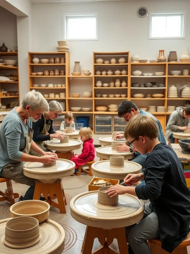 A photograph capturing a pottery workshop in progress, showcasing participants of diverse ages and backgrounds working with clay, guided by an instructor. The setting is a bright, airy studio filled with natural light, emphasizing the hands-on learning experience and creative atmosphere.