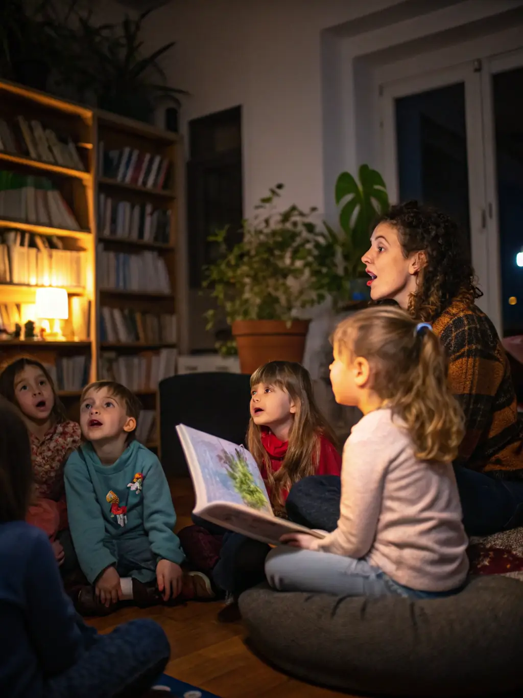 A photograph capturing children participating in a storytelling session at ATOUTAZART, with a storyteller engaging the young audience with expressive gestures and captivating narratives. The setting is a cozy and inviting space, filled with books and colorful decorations.