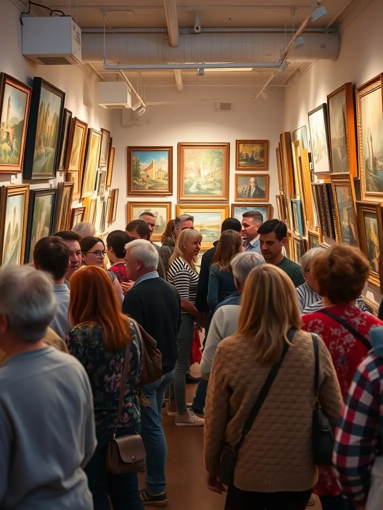 A photograph of an art exhibition showcasing paintings and sculptures by local artists, with visitors of all ages admiring the artworks. The gallery space is well-lit and inviting, emphasizing the diversity and creativity of the exhibited pieces.