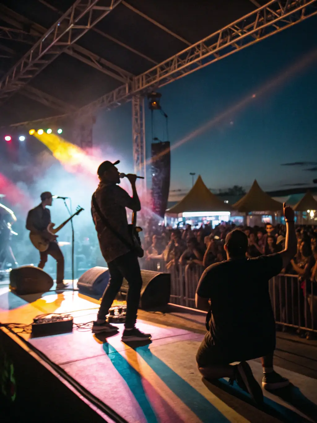 A dynamic image of a live music performance at an ATOUTAZART event, featuring a local band on stage with a diverse audience enjoying the music and atmosphere. The lighting is warm and inviting, highlighting the energy and excitement of the event.