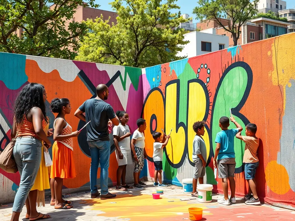 A vibrant image depicting participants of all ages engaged in a collaborative art workshop, painting a large mural together, showcasing community engagement and artistic expression.
