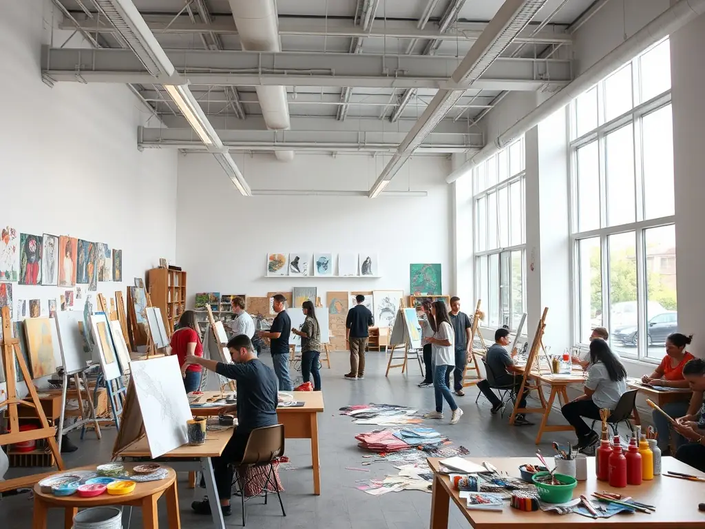 A hands-on workshop with participants actively engaged in creating art, guided by an instructor, in a bright and inspiring studio setting.