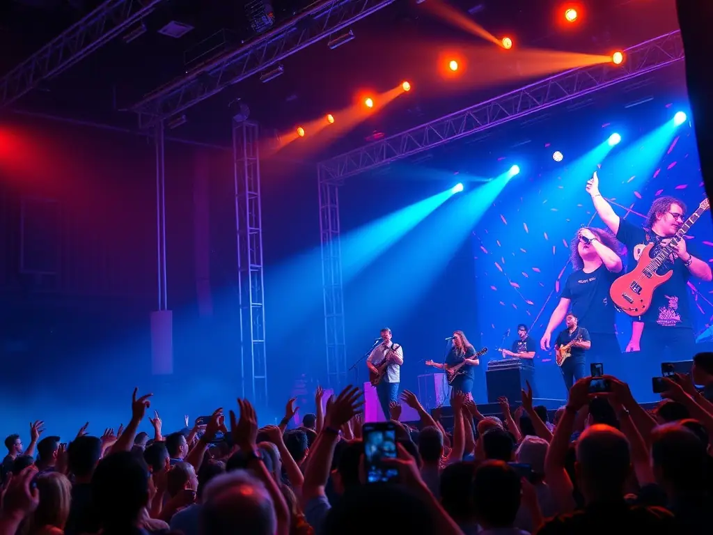 A dynamic photograph capturing a live musical performance during one of ATOUTAZART's concerts, with musicians on stage and an enthusiastic audience enjoying the music.